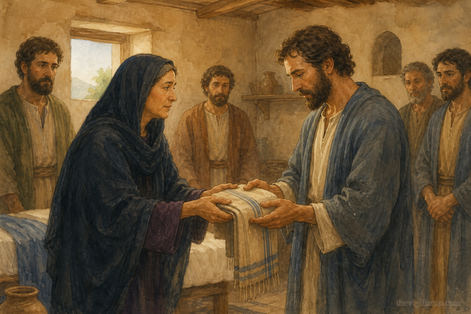 After the Dormition: the Most Holy Theotokos entrusts her sash to the Apostle Thomas; no invented speech in the scene