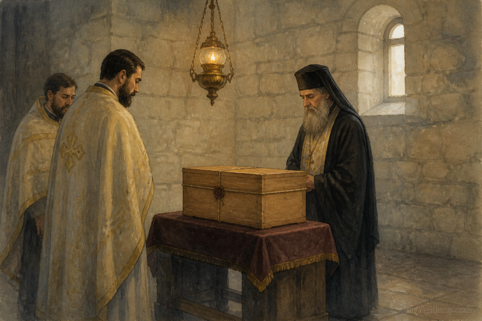 The first placing: the sealed coffer received in the church of the Chalcoprateia; clergy standing by, no invented speech