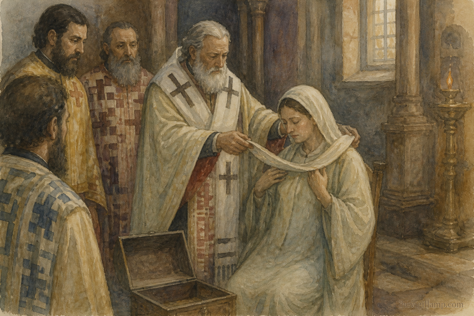 The coffer opened: the belt whole and undamaged; the Patriarch placing it upon Empress Zoe; no invented speech
