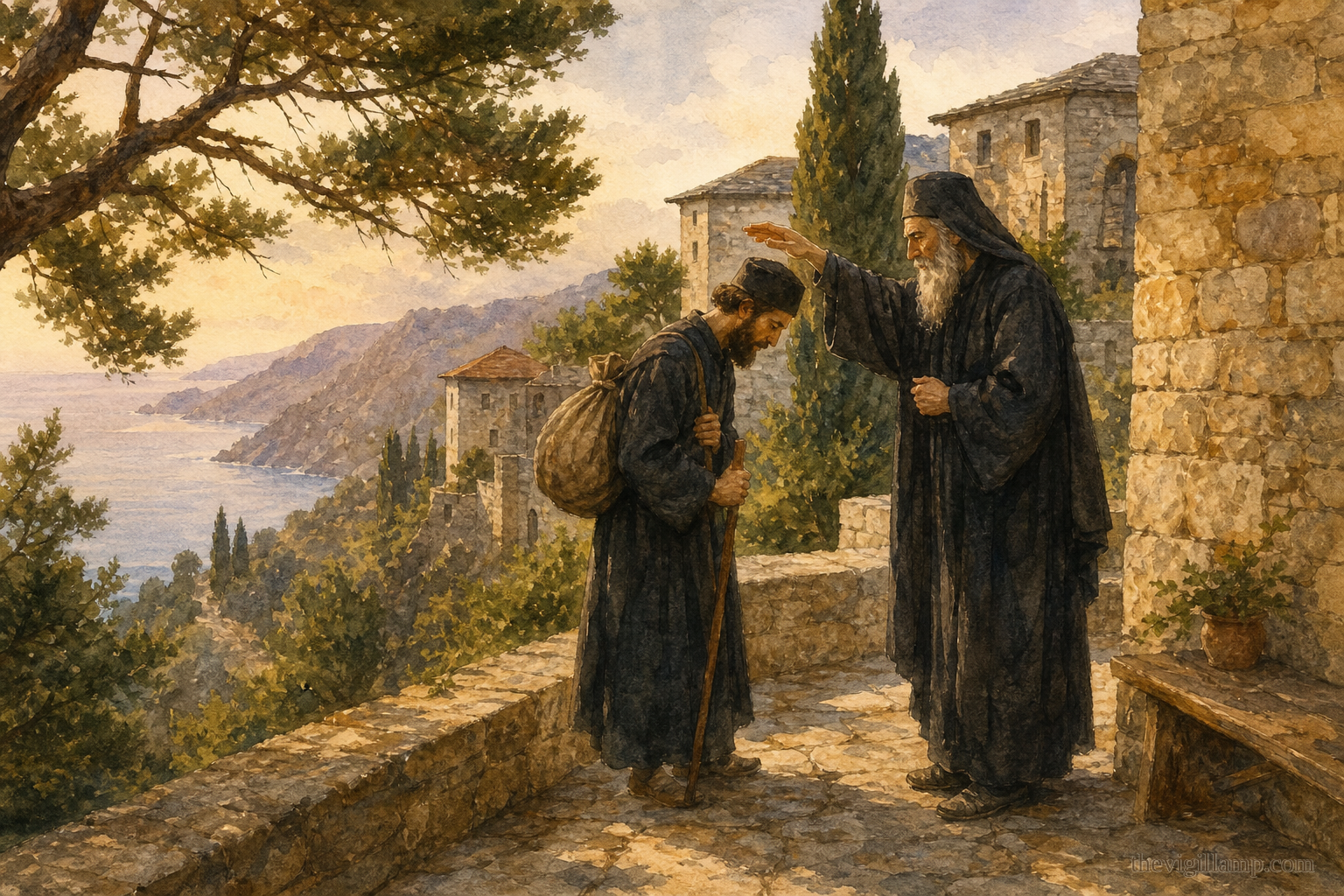 The igumen of the Holy Mountain sending Anthony home with Athos's blessing; no extra speech in the scene