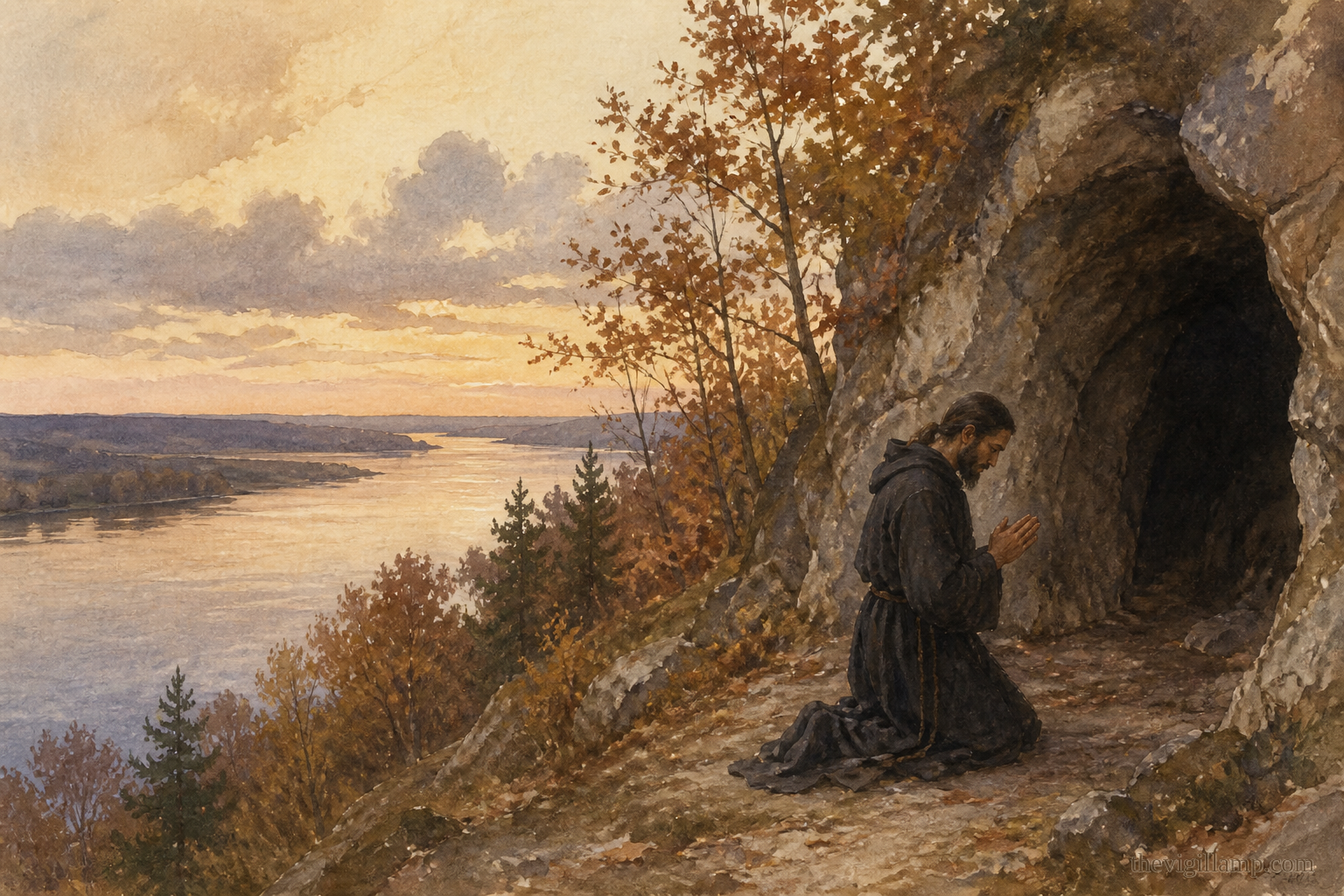 Anthony at Hilarion's cave by the Dnieper, praying that the blessing of Athos rest there; no extra action invented