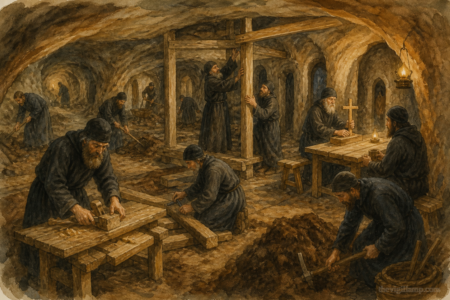 Twelve brothers making a church and cells in the larger cave; no invented speech