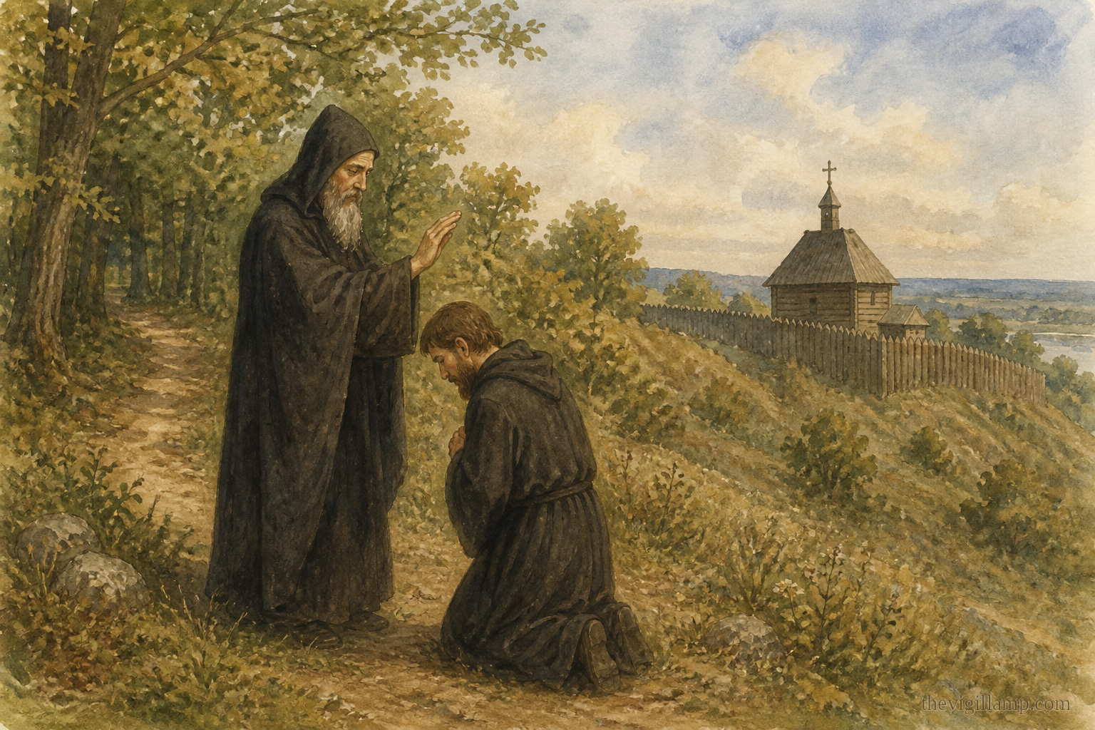 Anthony blessing Theodosius as igumen, then withdrawing toward the Far Caves; no invented speech