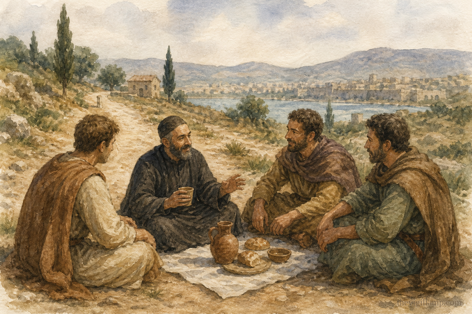 Anthimus meeting the soldiers on the road and sharing a meal with them; they do not yet know who he is. No extra action invented