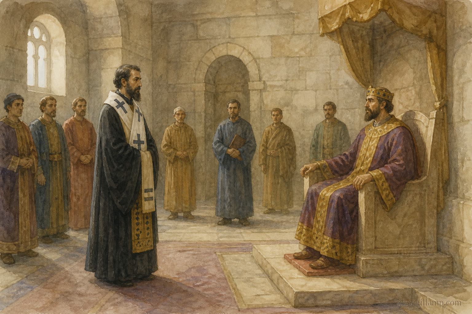 Anthimus before the emperor, the tools of execution set out before him; no wounds shown, and no extra speech beyond the Church's own words