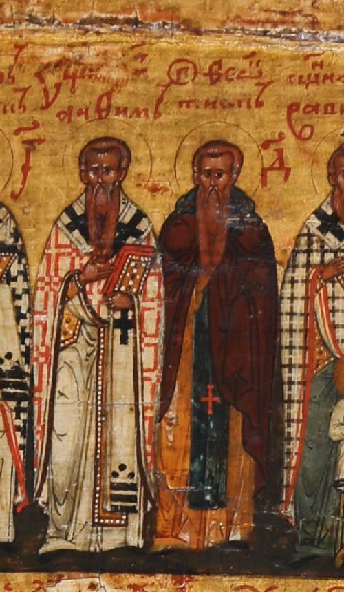 Hieromartyr Anthimus, Bishop of Nicomedia · detail within a September Menaion icon · Central Russia, first quarter of the seventeenth century · Museum of Christian Art “Church-Archaeological Cabinet”