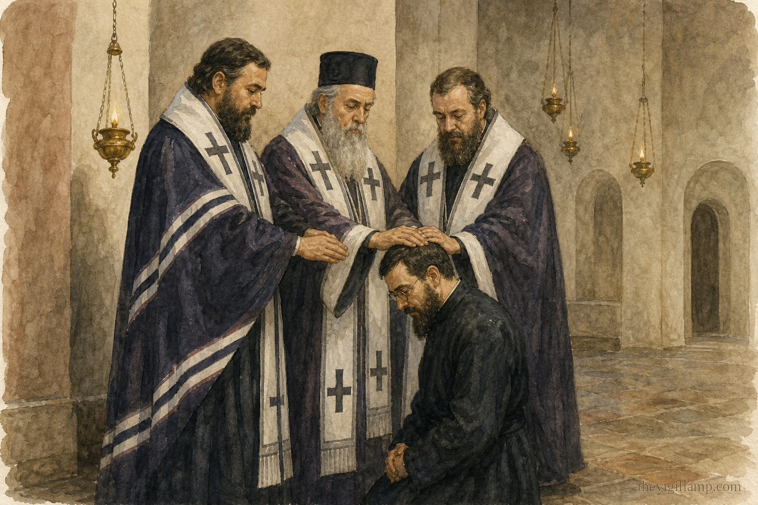 The consecration in Belgrade: Patriarch Dimitri and the bishops praying the Church's prayer over Gorazd; no extra speech in the scene