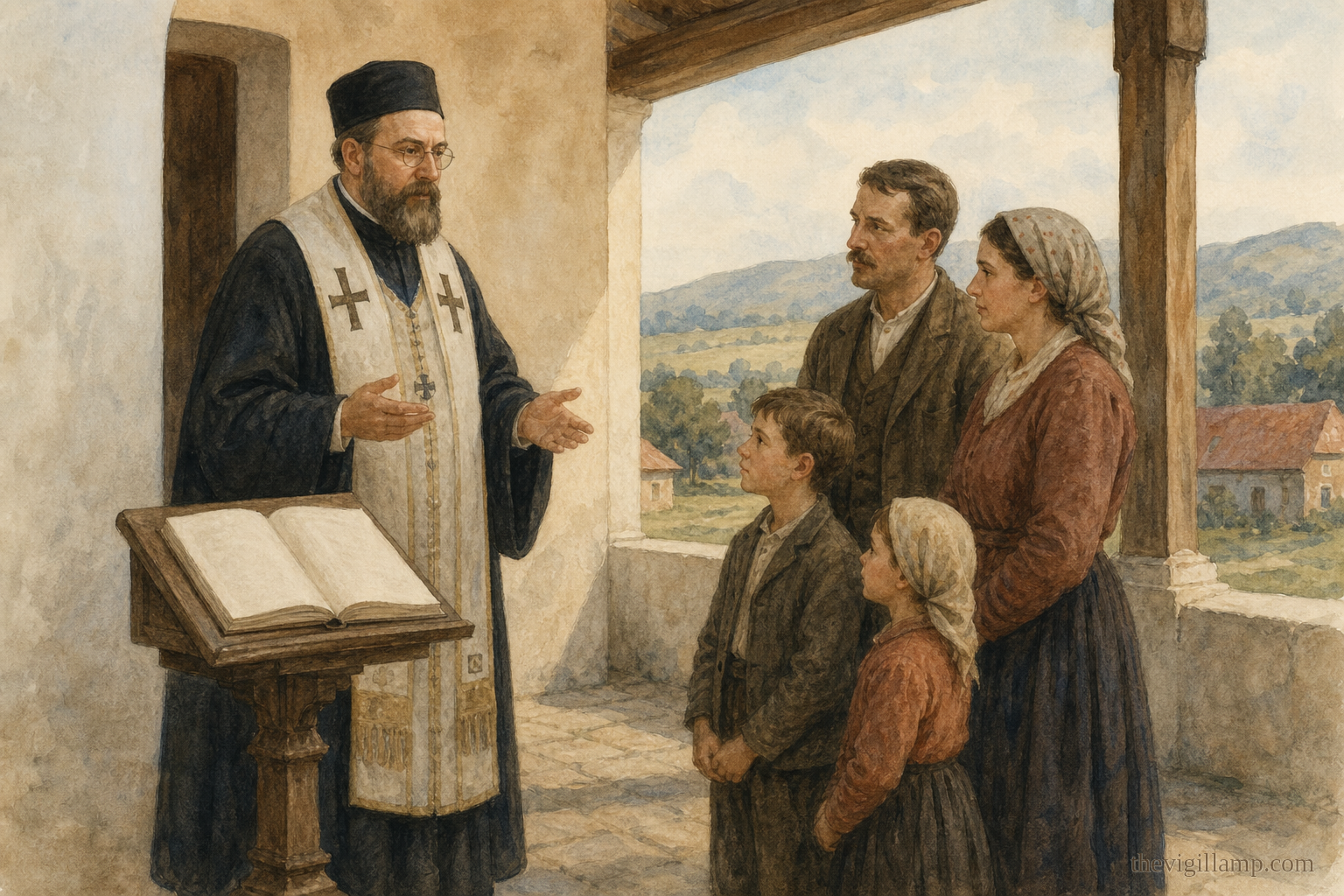Gorazd among the new churches, with Czech service books open; a people learning to pray in their own language. No extra action invented