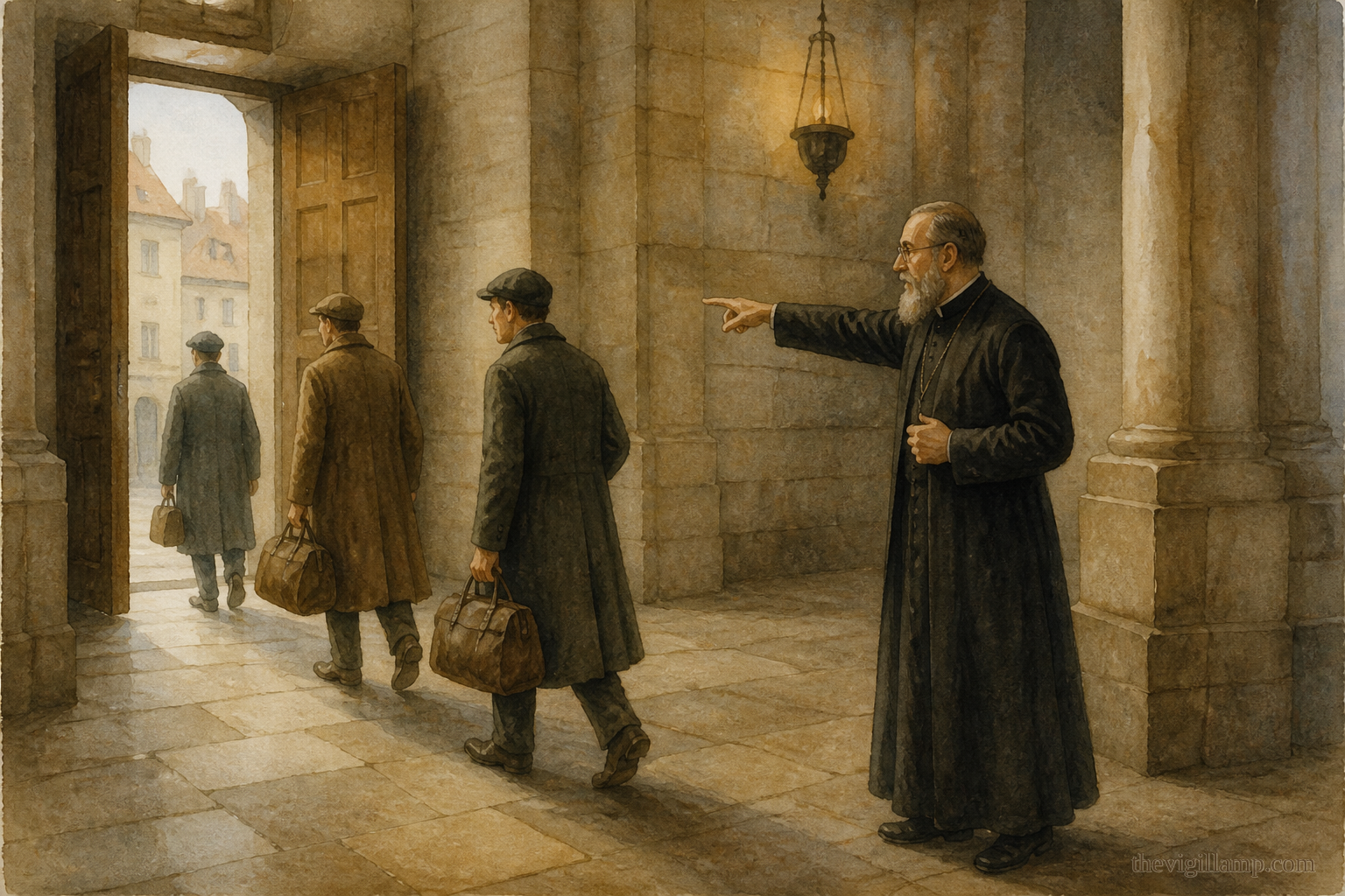 Gorazd at the Cathedral of Saints Cyril and Methodius, insisting that the hidden men leave and find another refuge before he goes to Berlin; no extra speech invented