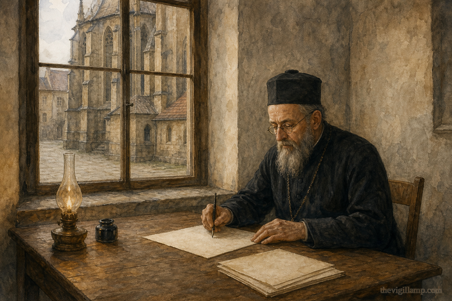 Gorazd writing the letter that takes the blame, the cathedral behind him; no occupiers in the scene, and no extra speech beyond the Church's own words