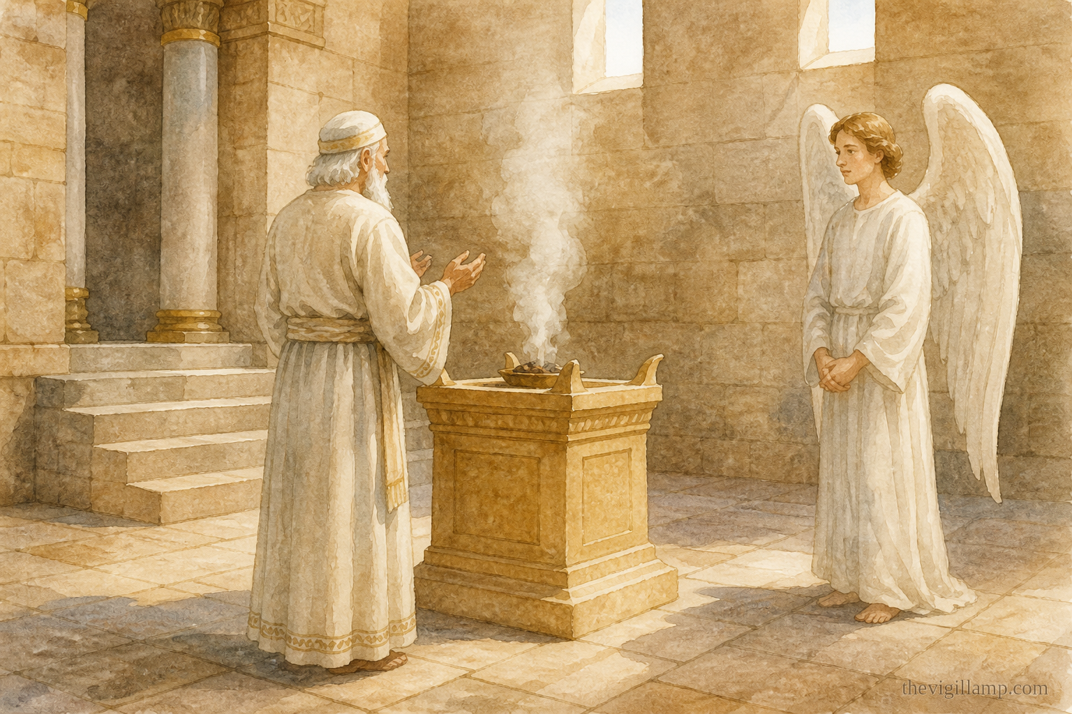 The angel standing at the right side of the altar of incense; Zachariah before him. No extra speech in the scene