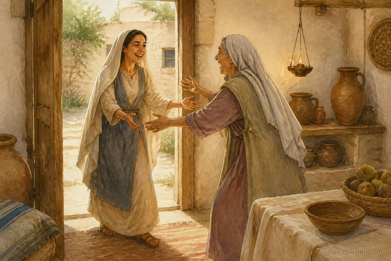 Mary entering the house of Zachariah and Elizabeth; the greeting. No extra action invented