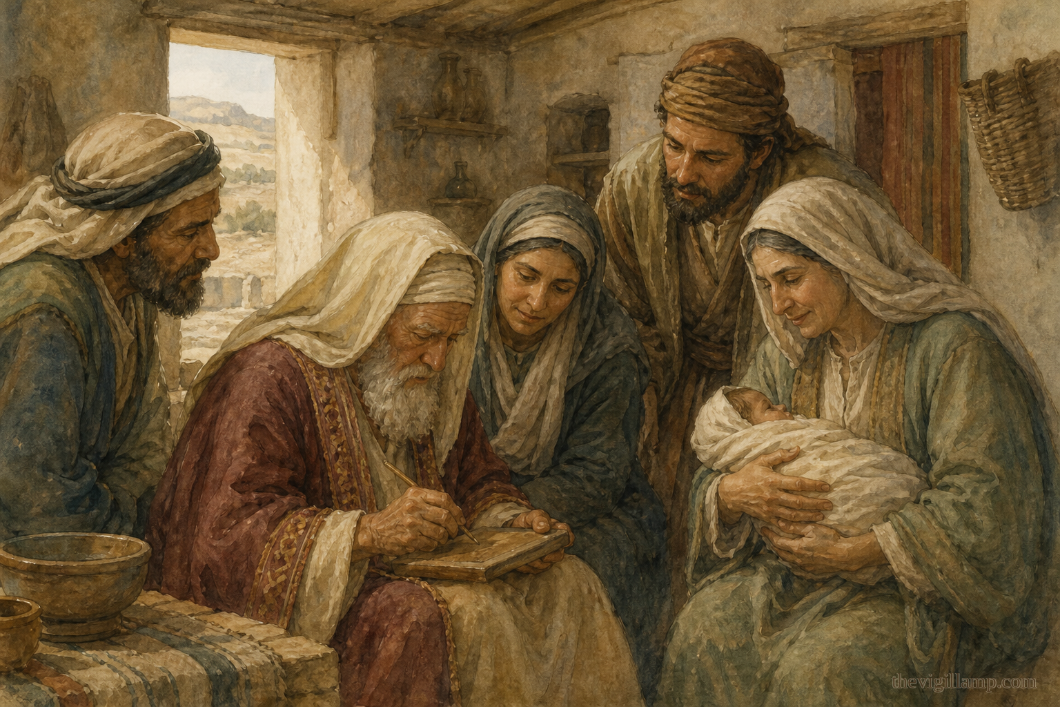 Zachariah writing on the tablet: His name is John. No extra speech invented