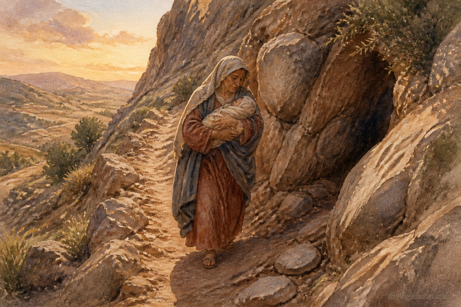 Elizabeth taking the child into the hills; the hill concealing them, as the Church tells it. No extra speech invented