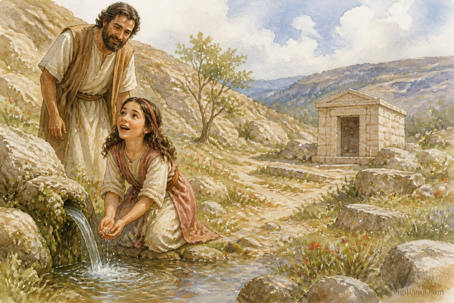 The mute girl drinks from the spring at Cheretopos and begins to speak; her father is near, without invented speech