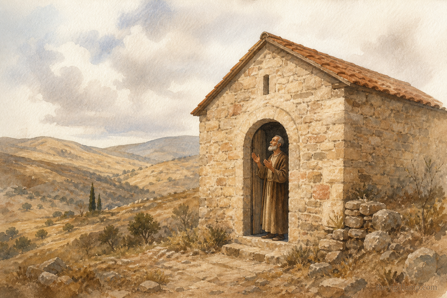 Archippus remaining at the church of the Archangel as caretaker, hands raised in the doorway; no extra action invented
