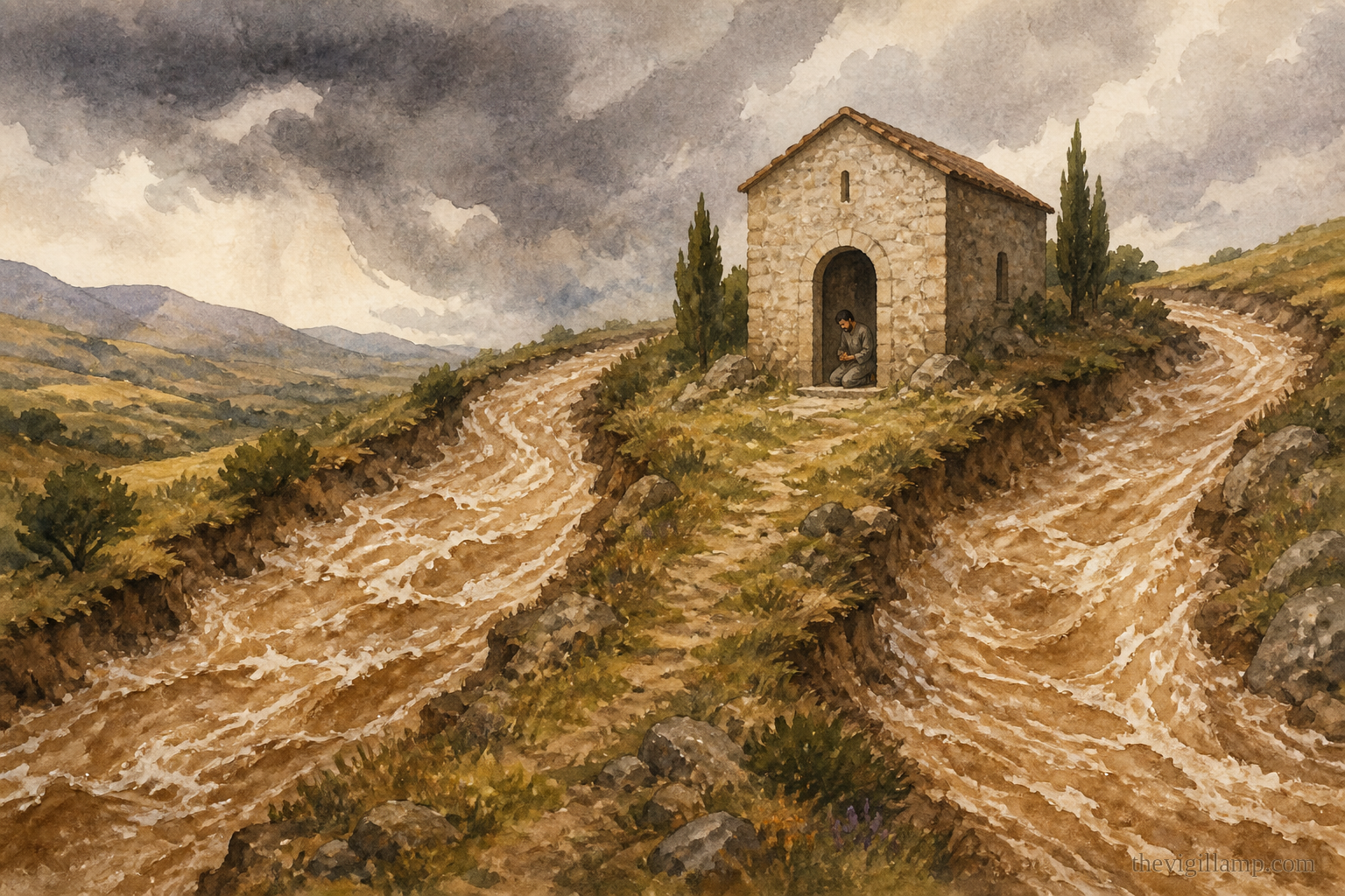 Archippus staying to pray as the two rivers are turned toward the church; no invented speech, and no extra wonder