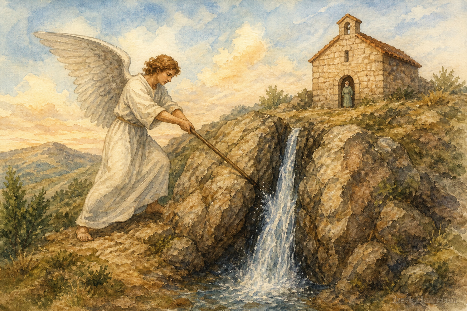 The Archangel Michael striking the rock with his staff so the waters plunge into the fissure; the church unharmed; no extra wonder and no invented speech