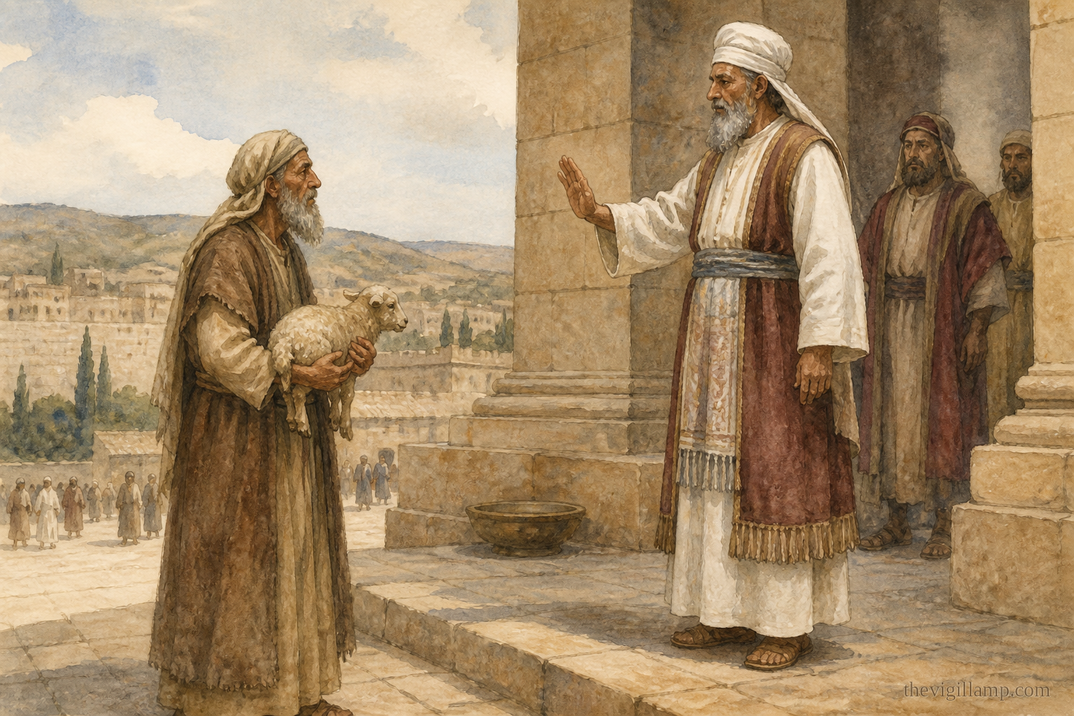 Joachim bringing his offering to the Temple; the High Priest will not receive it. No extra speech in the scene