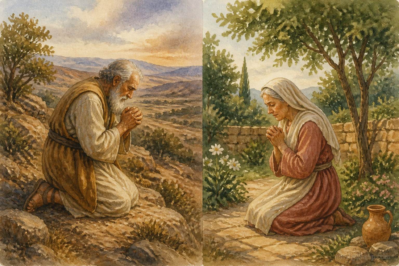 Joachim praying in the wilderness; Anna praying in her garden. No extra speech invented