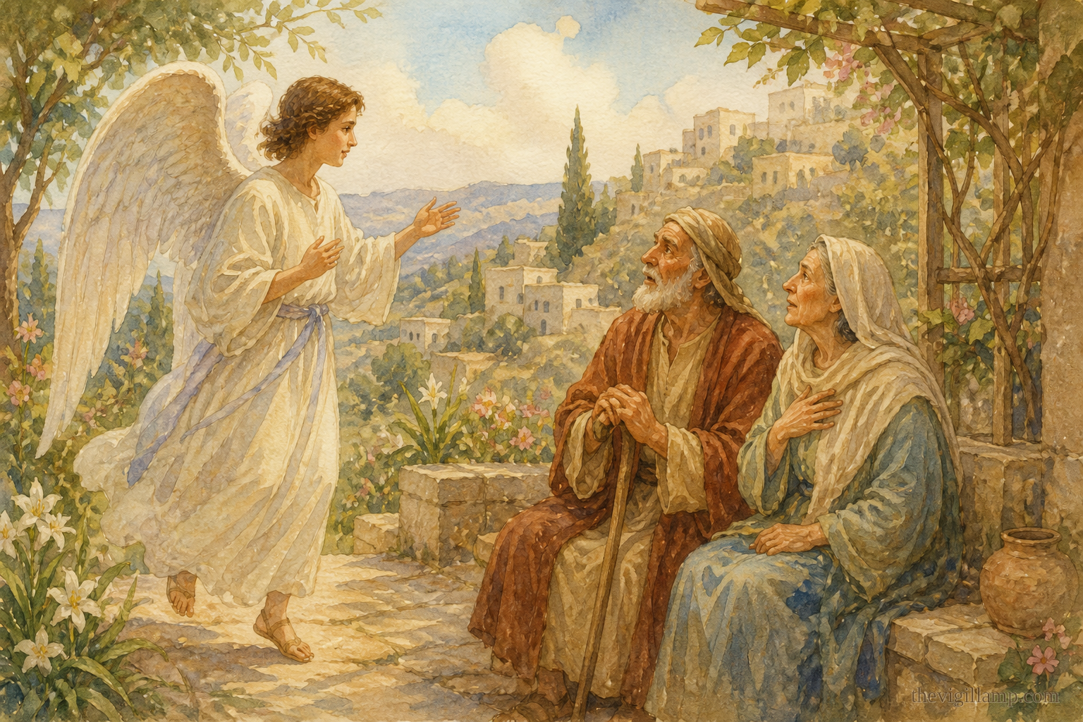 The angel bringing Joachim and Anna the message that a daughter will be born. No invented speech in the scene