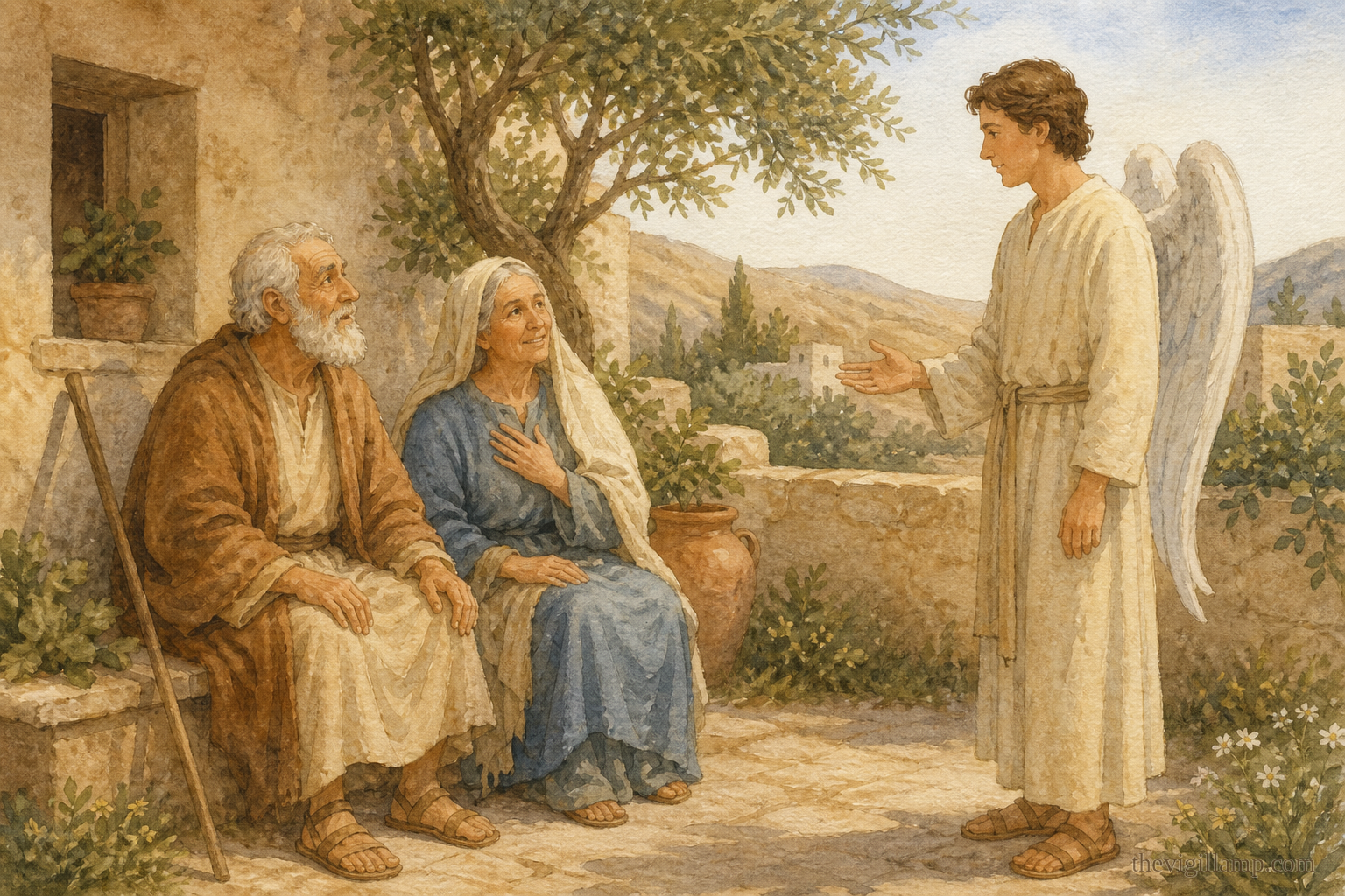 The Archangel Gabriel bringing Joachim and Anna the joyous message that their prayers are heard, and that a daughter will be born. No extra speech invented