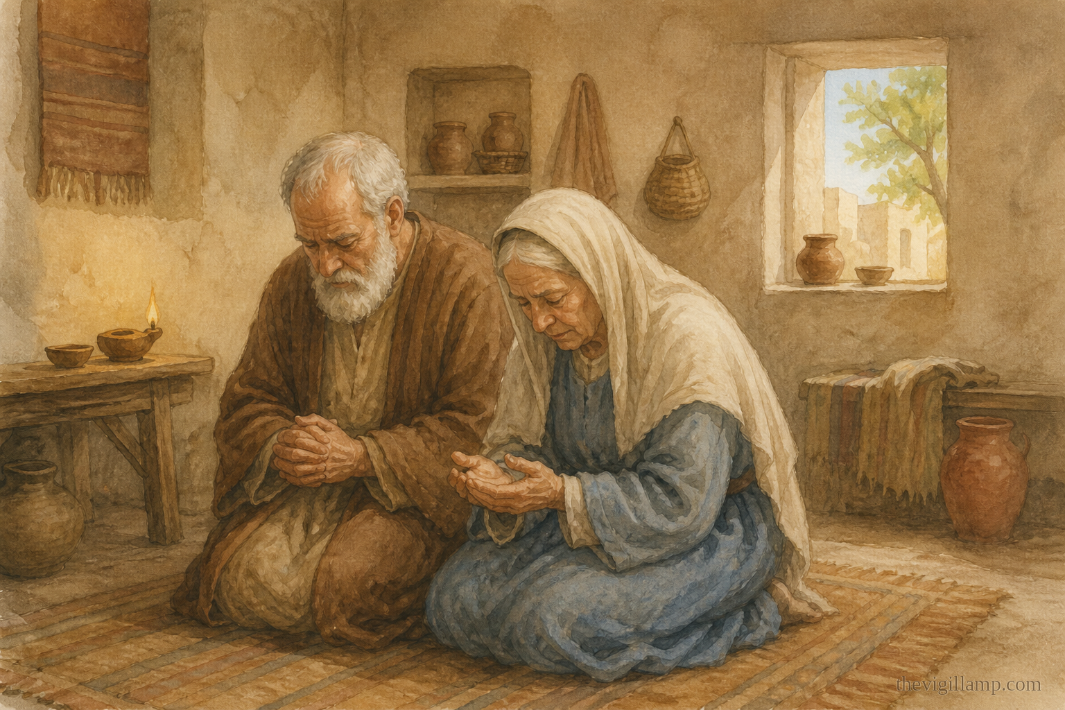 Joachim and Anna of Nazareth, a holy couple, childless into old age, still praying. No extra speech invented