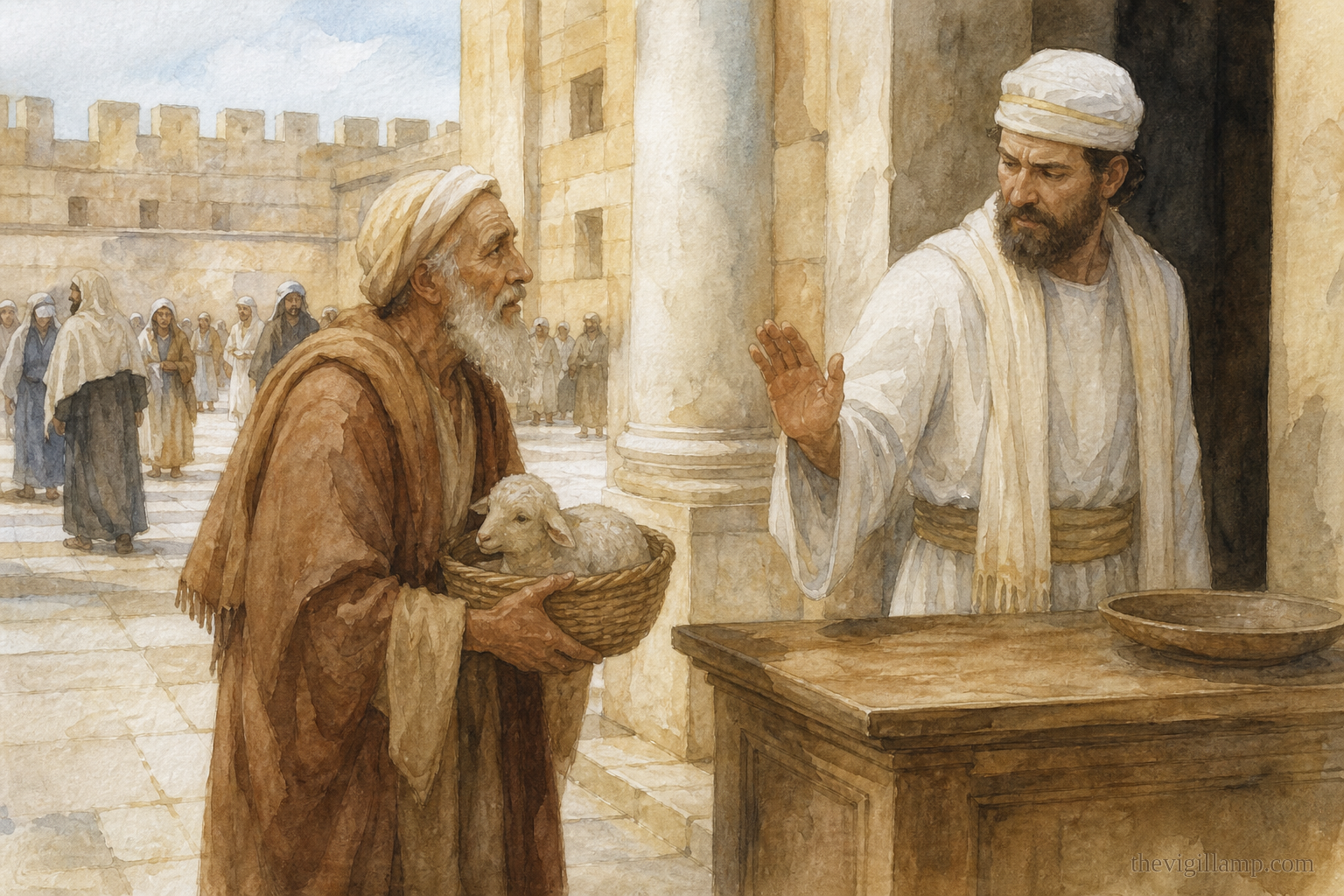 Joachim bringing his gifts to Jerusalem; the priest Reuben will not receive them. No extra speech invented