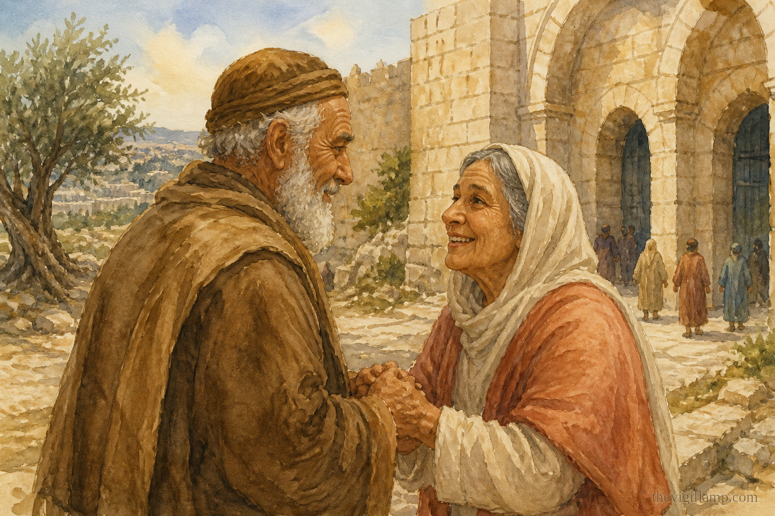 Joachim and Anna meeting at the Golden Gate, as the heavenly messenger instructed. No extra speech invented