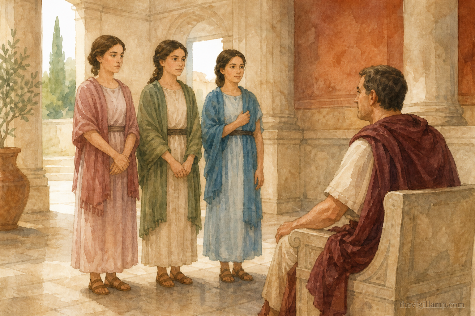 The three sisters standing together before the governor Frontonus. No extra speech invented