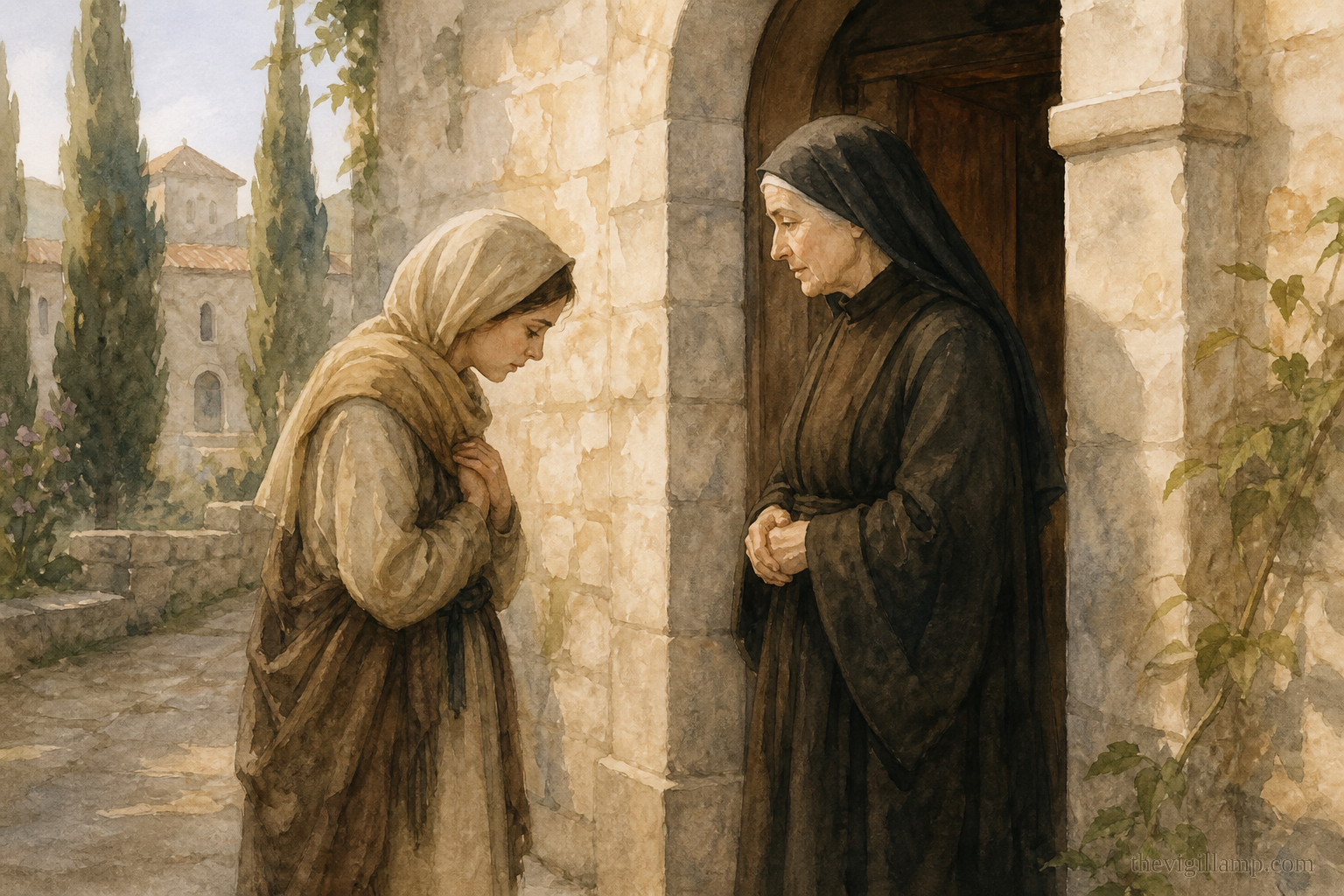 Theodora going to the abbess, sorry for her sin, and keeping the words the Church has kept. No extra speech invented
