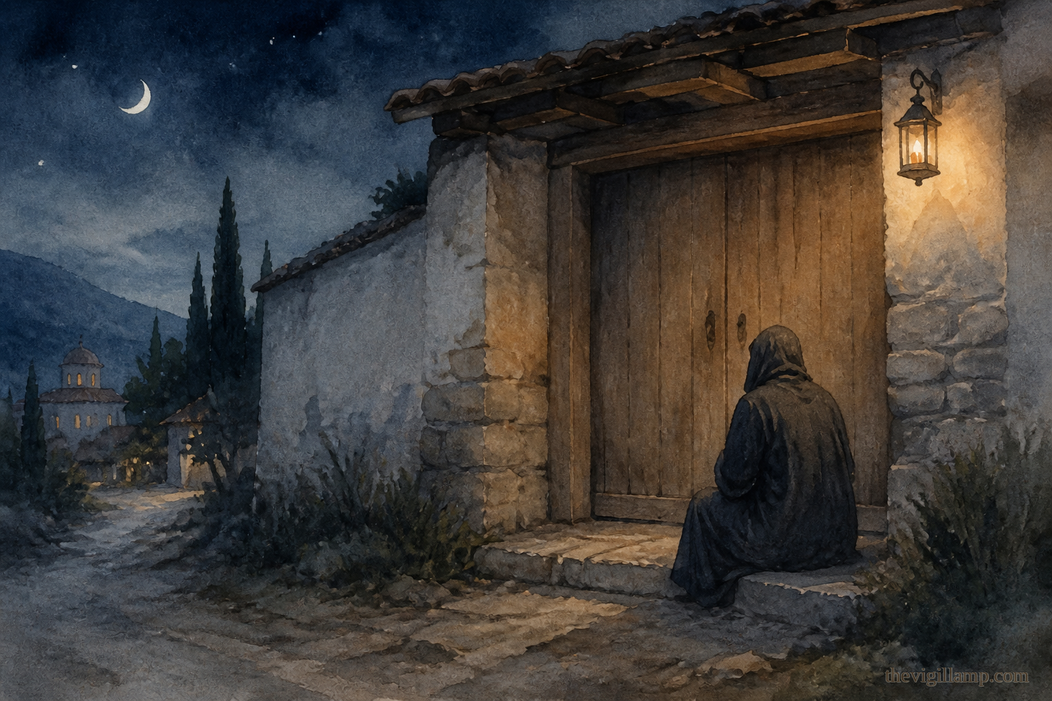 Theodora spending the night at the monastery gates, asking to stay and repent. She is thought to be the monk Theodore. No extra speech invented