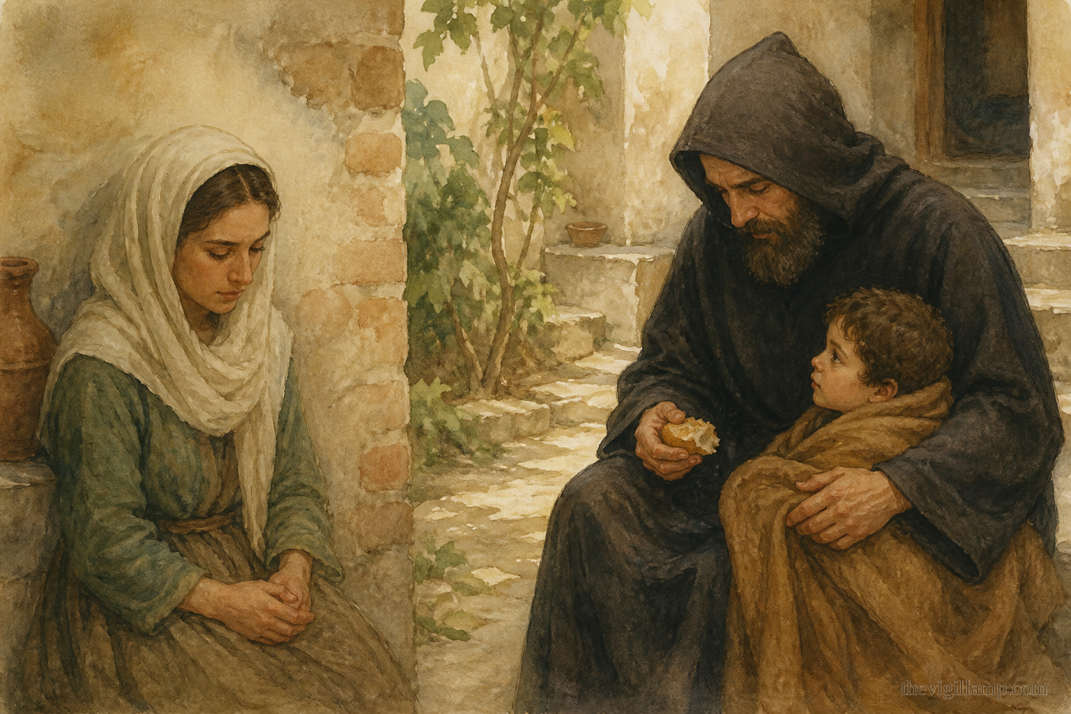Theodora keeping silent when she is blamed for what she did not do, and caring for the child. No extra speech invented