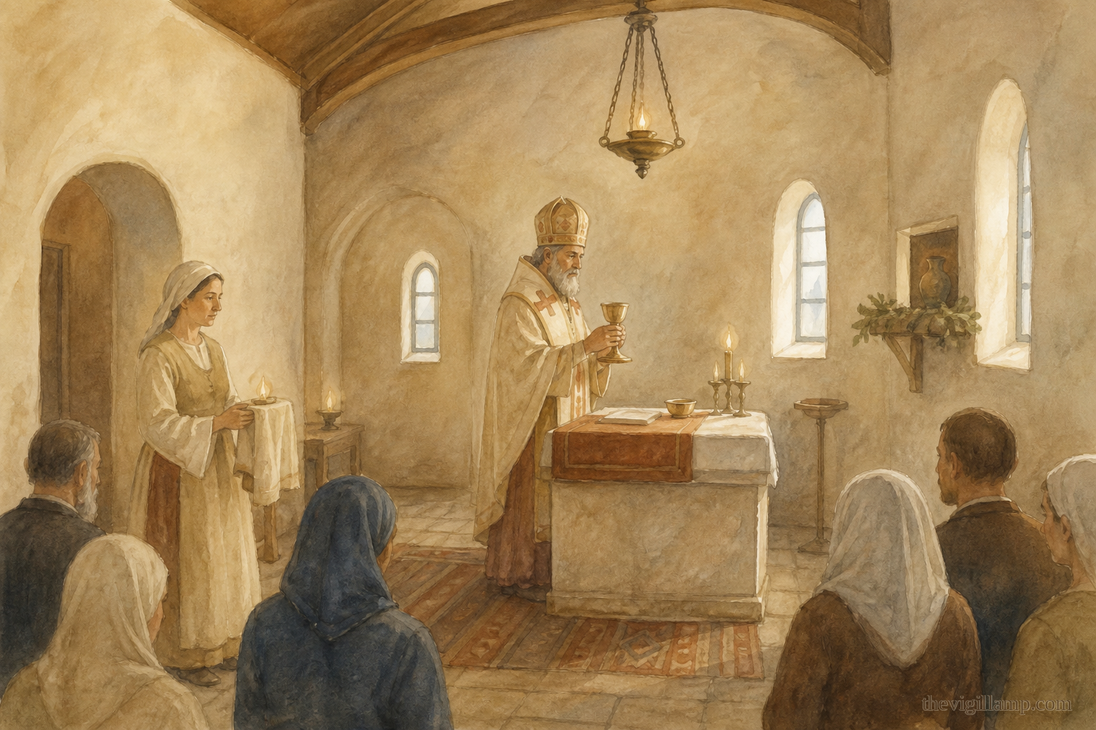 Autonomus serving the Divine Liturgy in the church he had raised; the deaconess Maria burying him. No extra speech invented