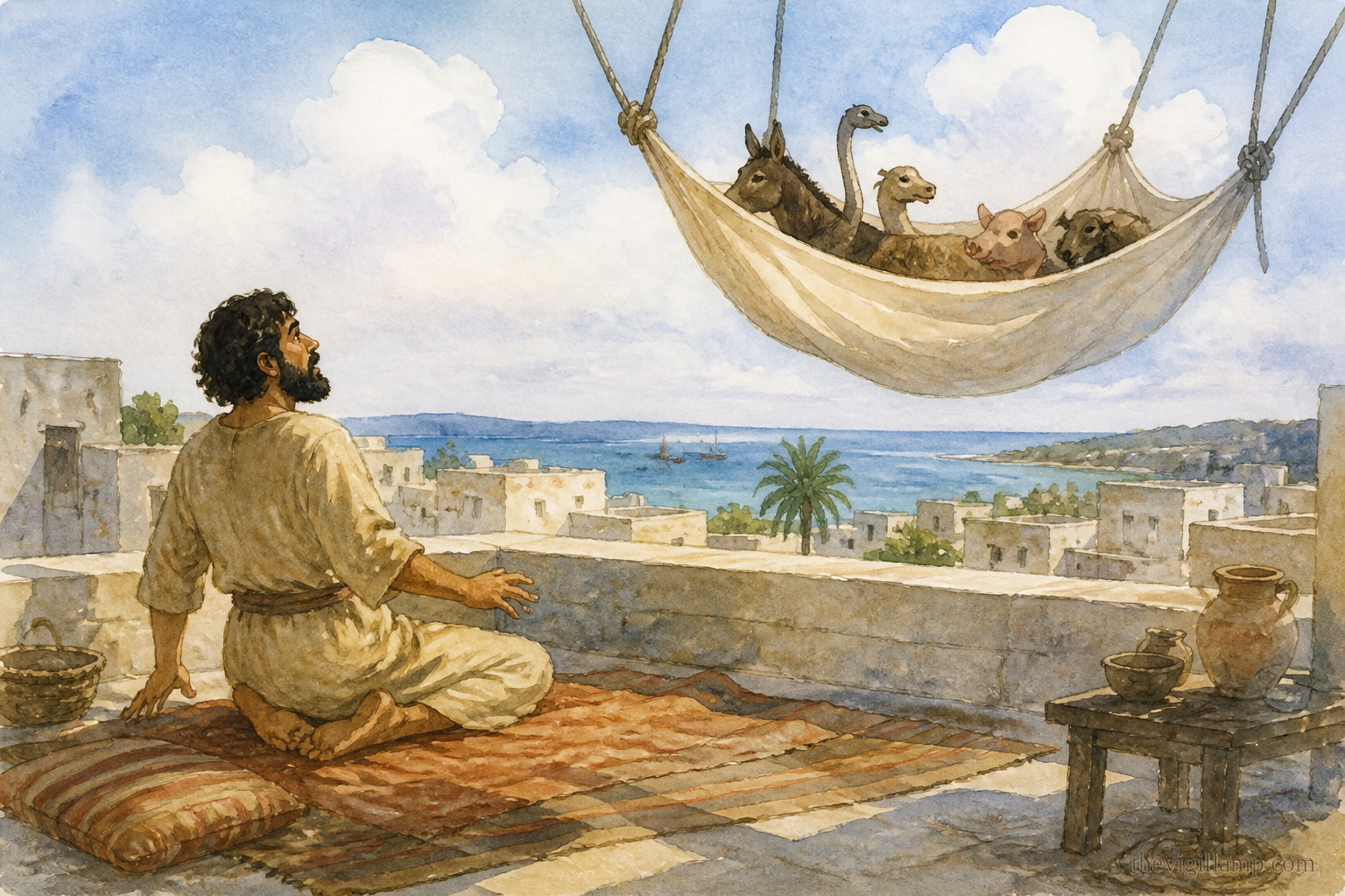 Peter on the housetop at Joppa; the great sheet let down from heaven. No extra speech invented