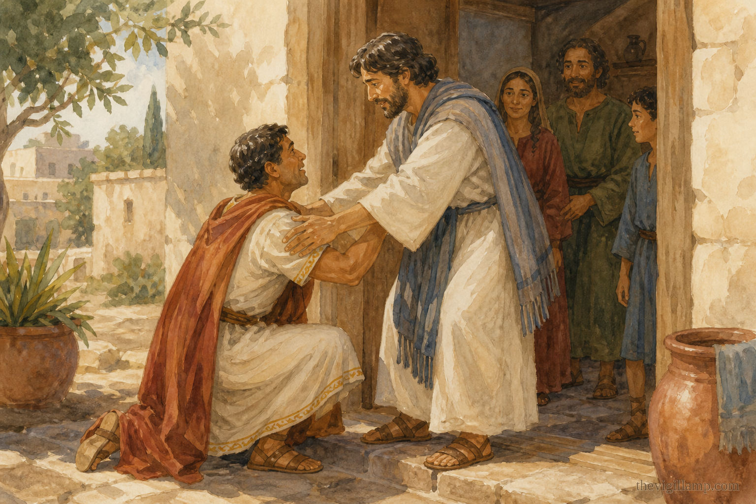 Cornelius meeting Peter at the door of the house; "Stand up; I myself also am a man." No extra speech invented