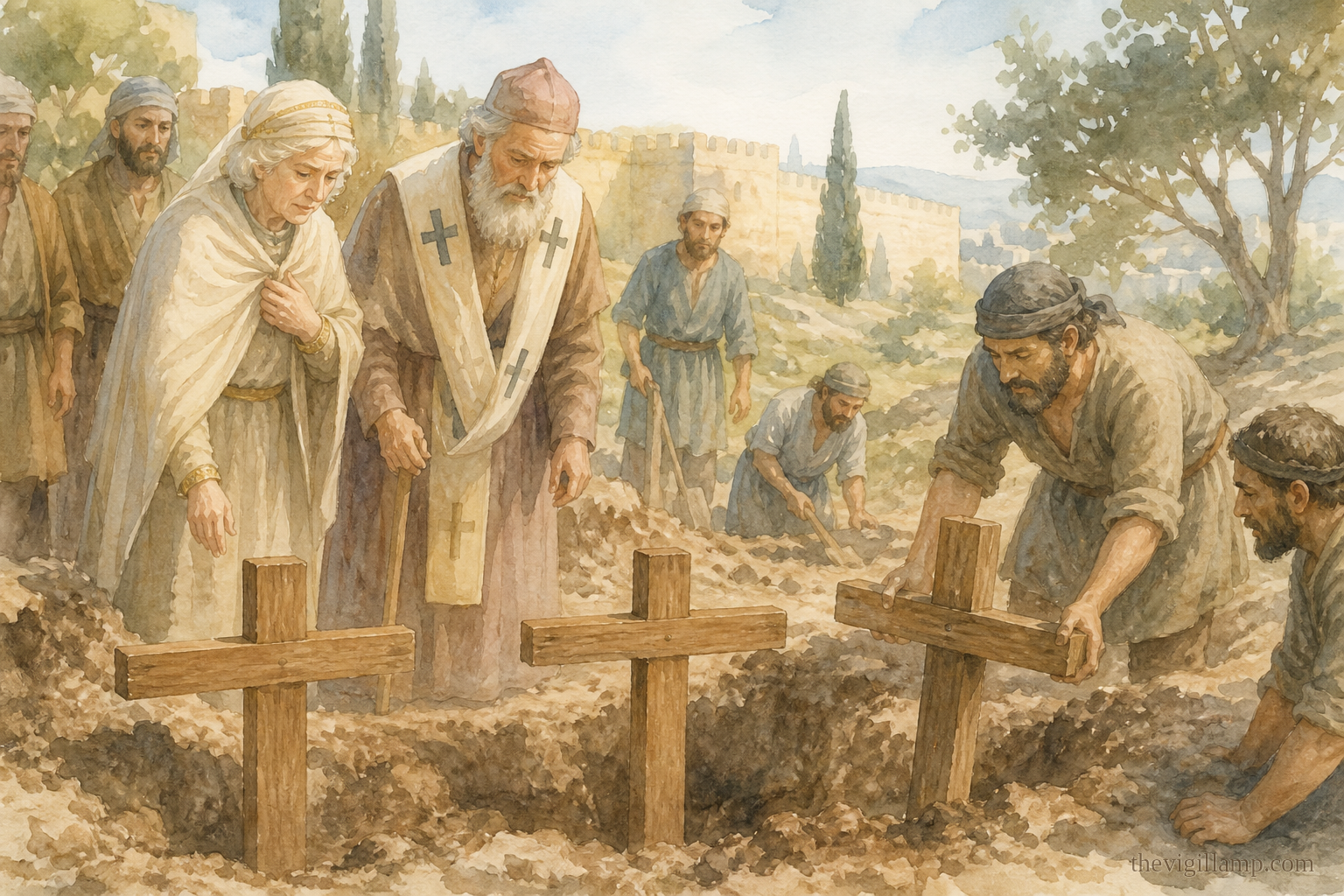 Helen and Patriarch Macarius uncover the three crosses; the true Cross is known. No extra speech invented