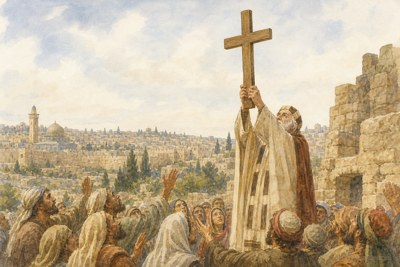 Patriarch Macarius lifts up the Holy Cross; the people say, "Lord, have mercy." No extra speech invented
