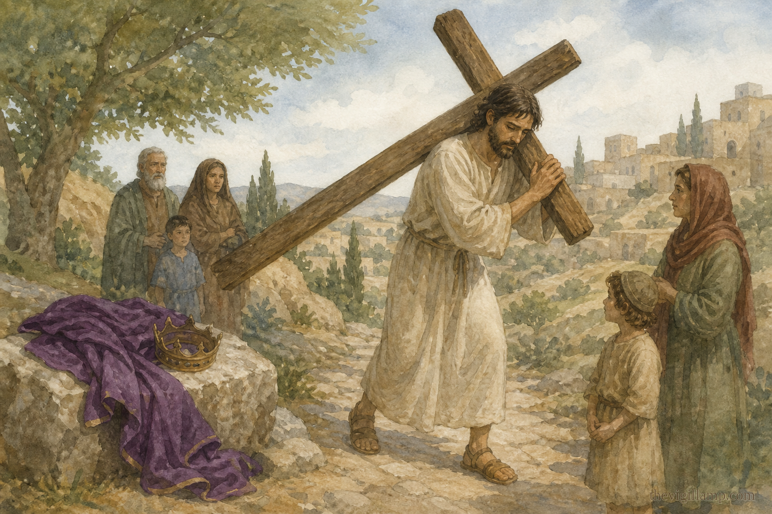 The emperor puts off his crown and his purple and carries the Cross home in plain clothes. No extra speech invented