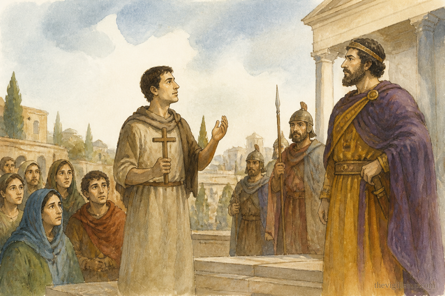 Niketas standing firm, confessing Christ, while Athanaric persecutes the faithful. No extra speech invented