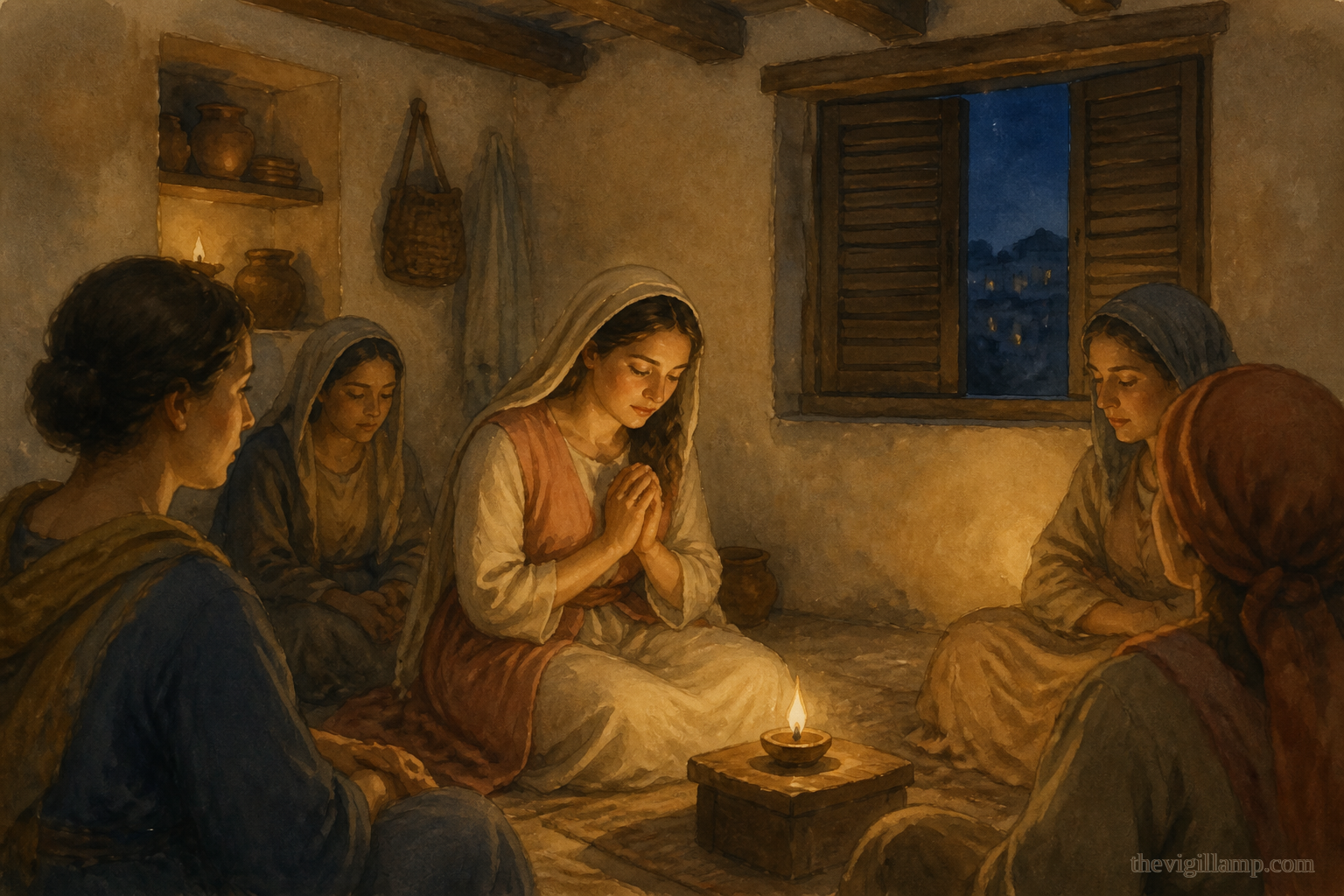 Euphemia among the forty-nine, praying in the hidden house at Chalcedon. No extra speech invented