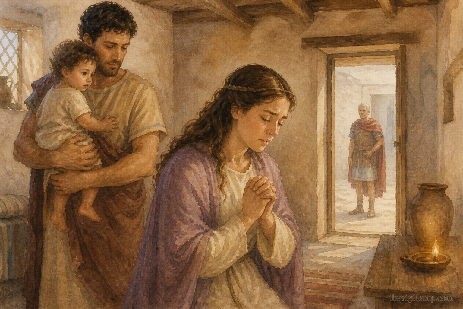 Priscus keeping the youngest; Euphemia praying that the Lord Jesus Christ would strengthen her. No extra speech invented