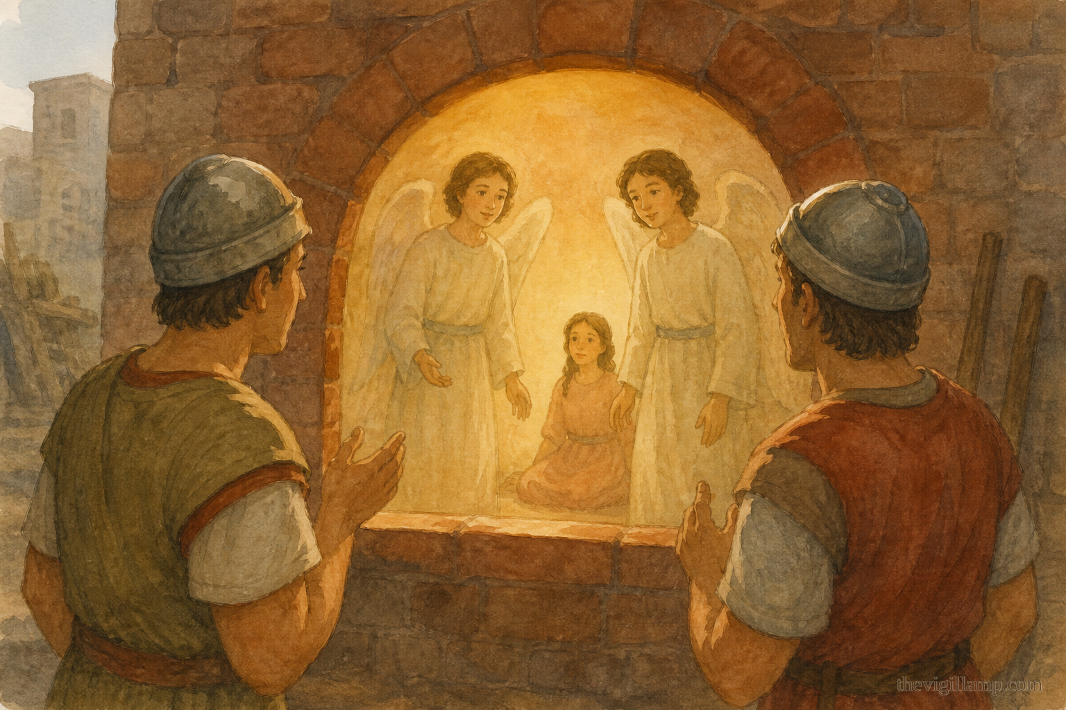 Victor and Sosthenes seeing two angels in the furnace and confessing the God Euphemia worshipped. No extra speech invented