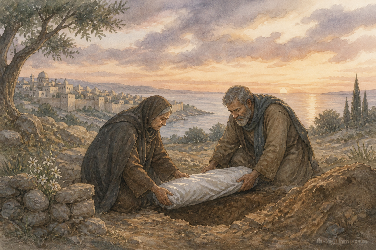 Philophronos and Theodosia taking their daughter's body and burying it near Chalcedon. No extra speech invented