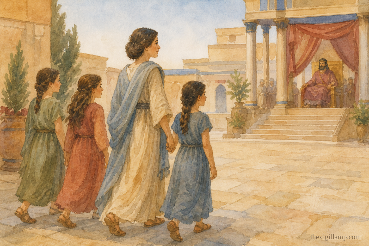 The four coming before the emperor as though brought to a festival. No extra speech invented