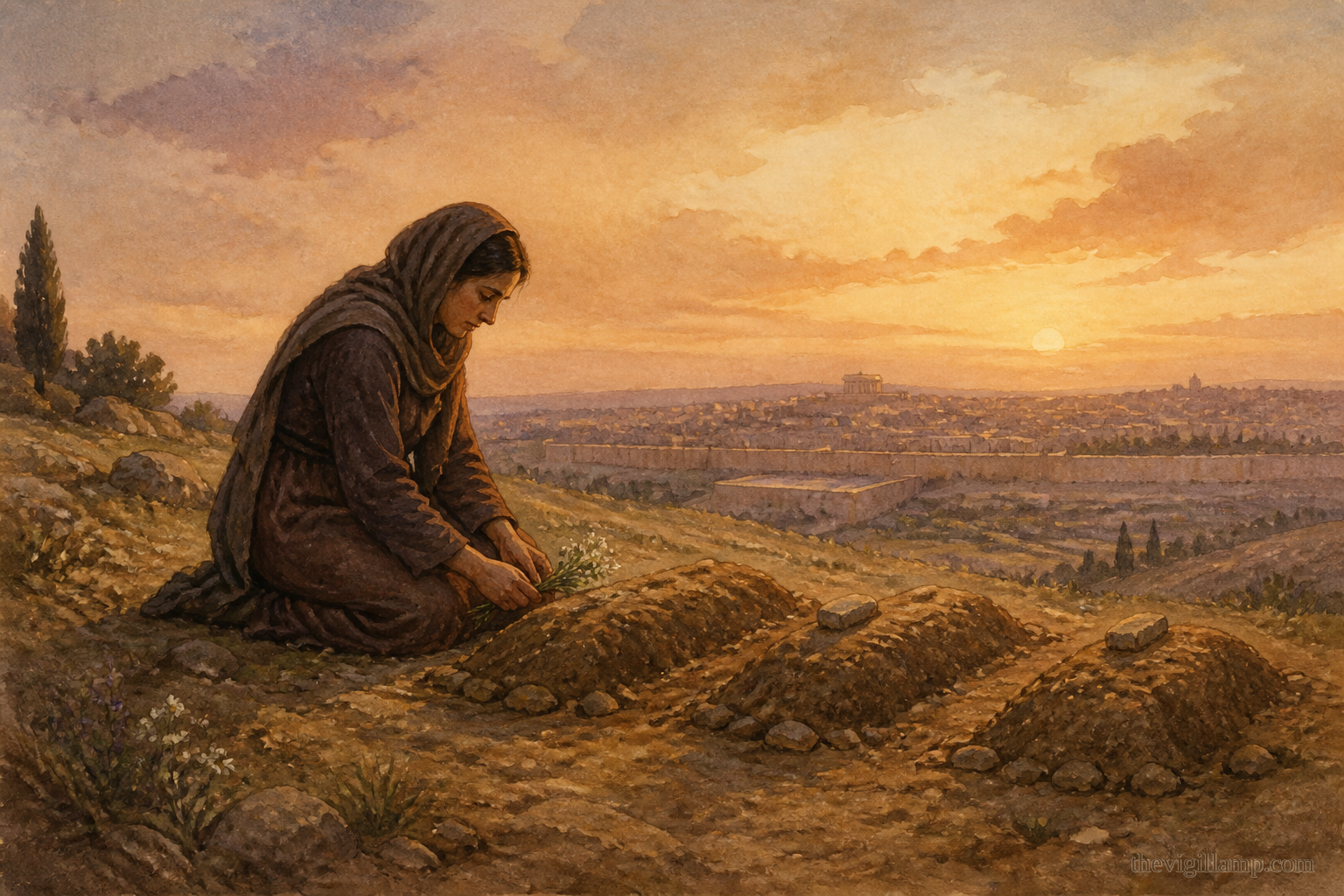 Sophia burying her daughters on a high hill beyond the city. No extra speech invented