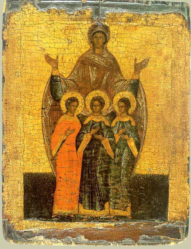 Holy Martyrs Sophia, Faith, Hope, and Love · standing four-figure panel · Novgorod school, sixteenth century · State Tretyakov Gallery
