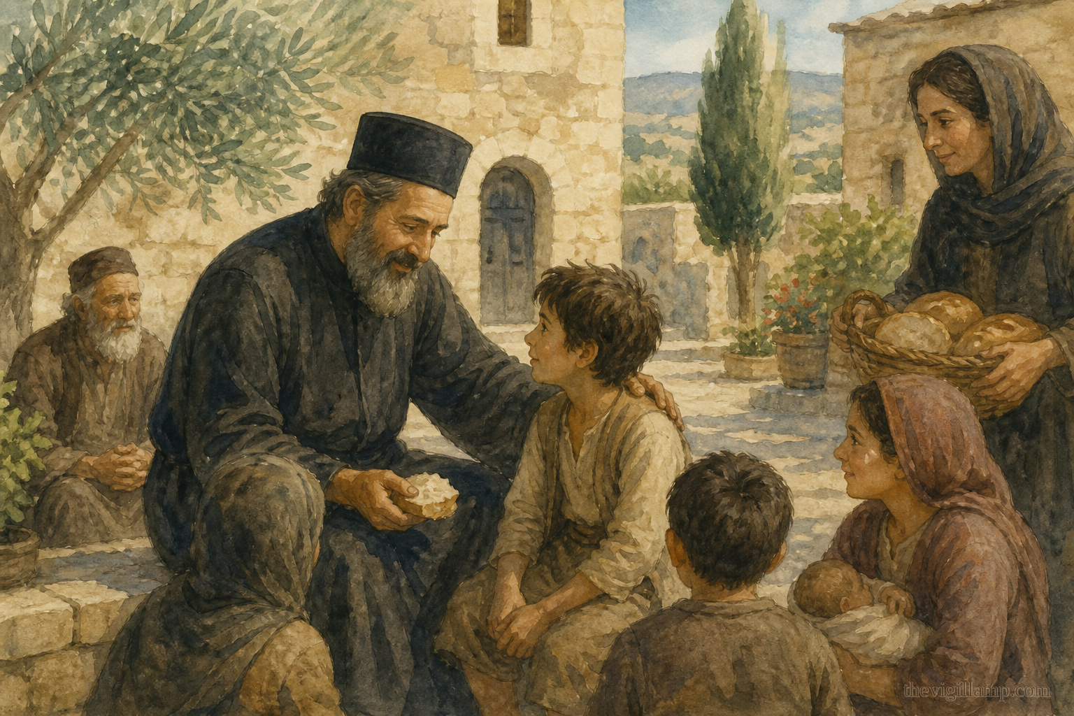 Eumenius as Bishop of Gortyna, comforting his flock and caring for the orphaned and the poor. No extra speech invented