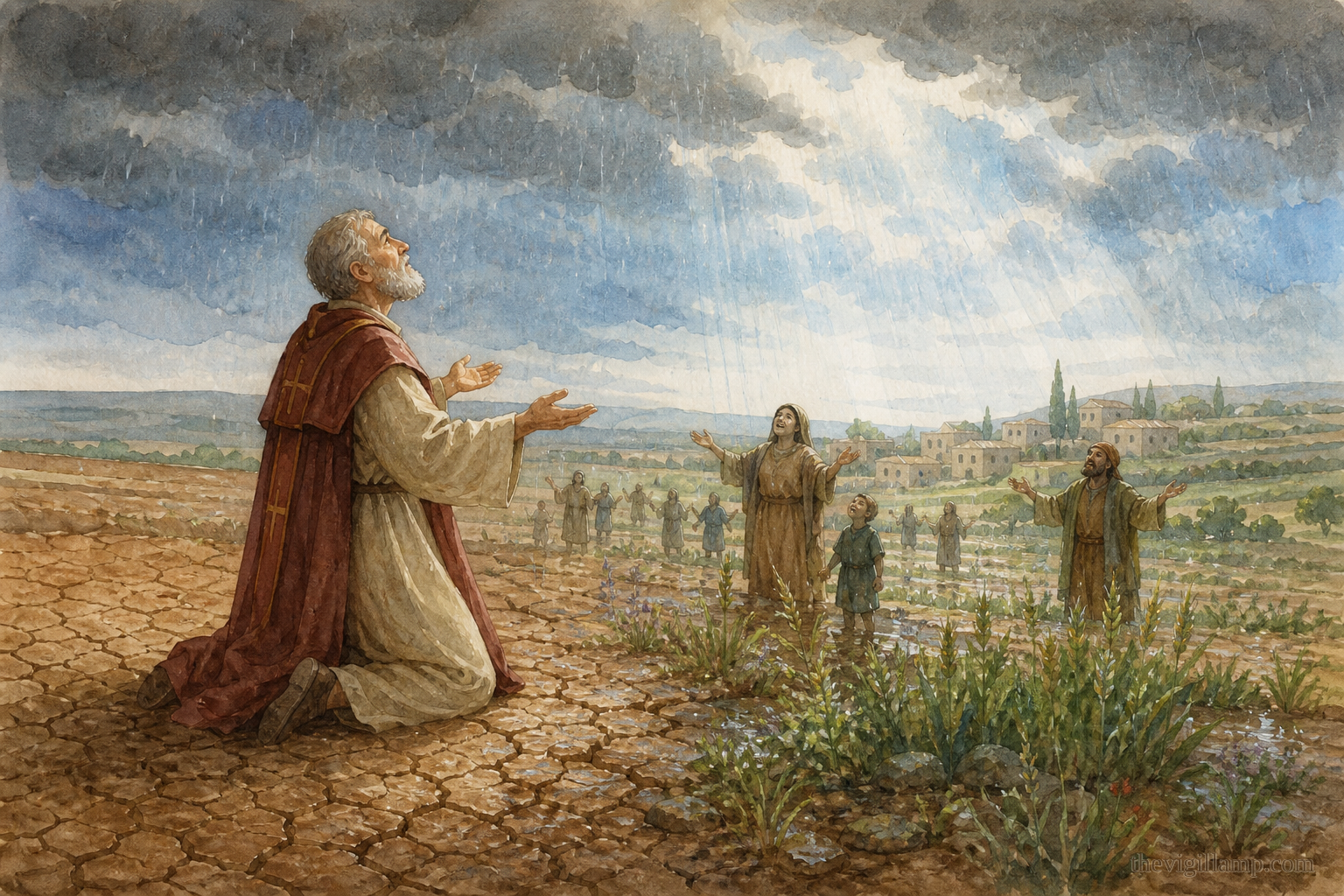 Eumenius at prayer in a drought; abundant rain upon the earth. No extra speech invented