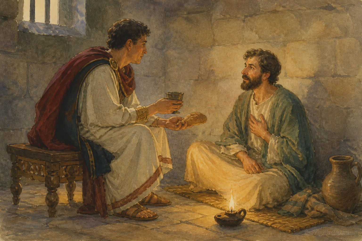 The senator Dorymedon visiting Trophimus in prison and caring for him; he confesses that he is a Christian. No extra speech invented